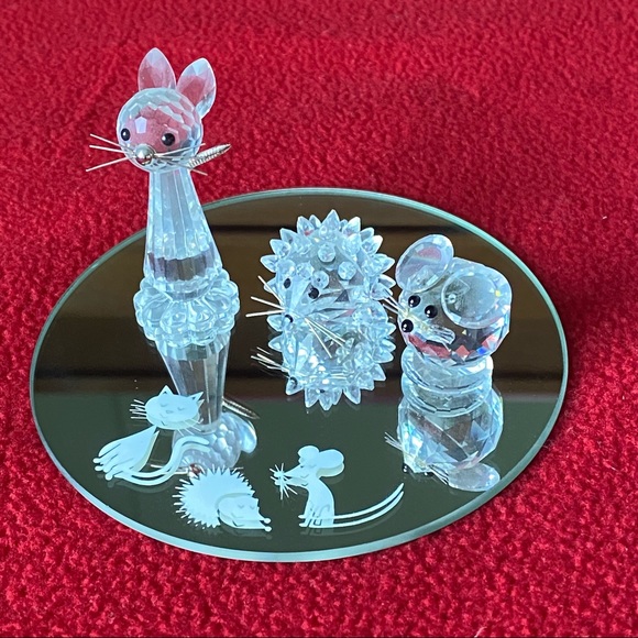 Swarovski Retired Set of 3: Cat, Mouse & Hedgehog on Matching Mirror Base - Picture 1 of 10